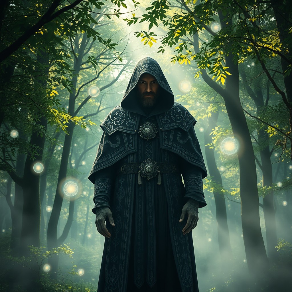 An enigmatic and powerful figure standing in a beautifully illuminated forest