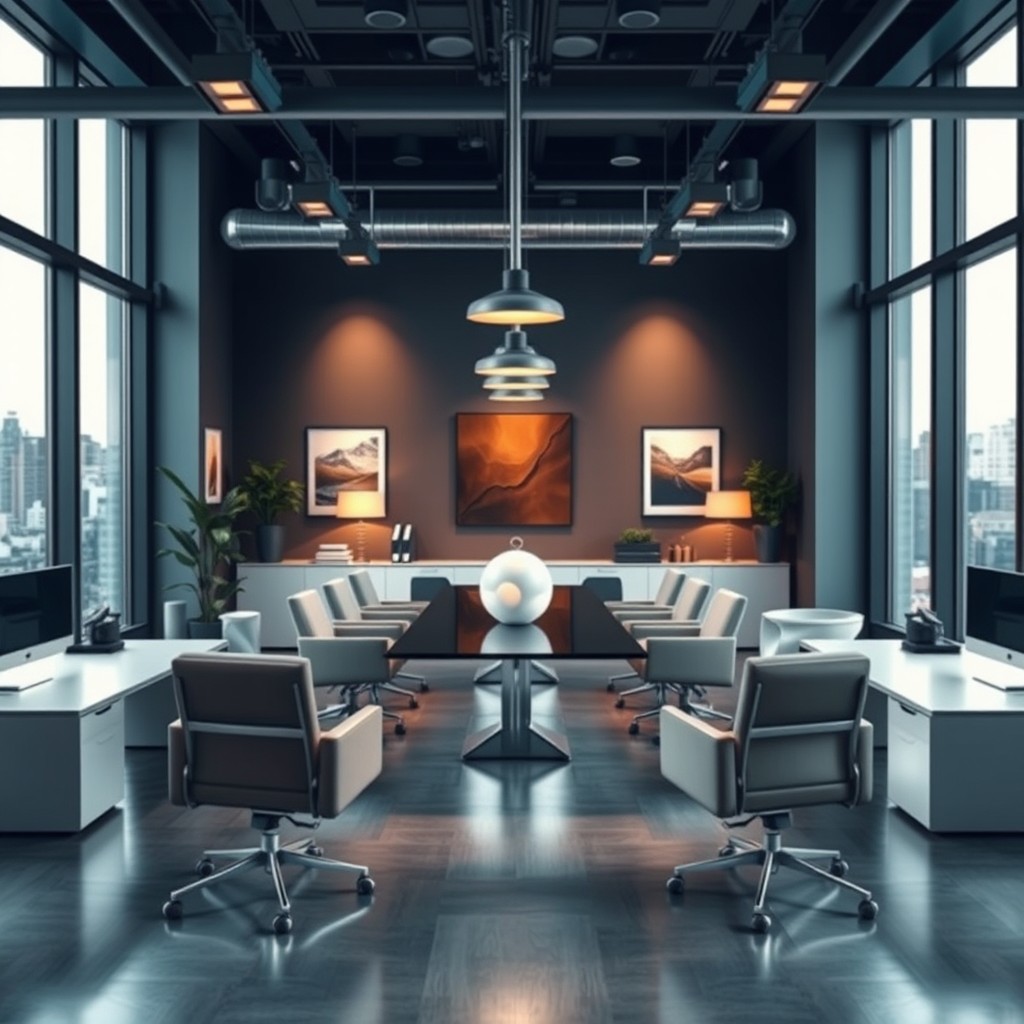 A stylish company office room designed in a cinematic style, showcasing a contemporary and professional aesthetic