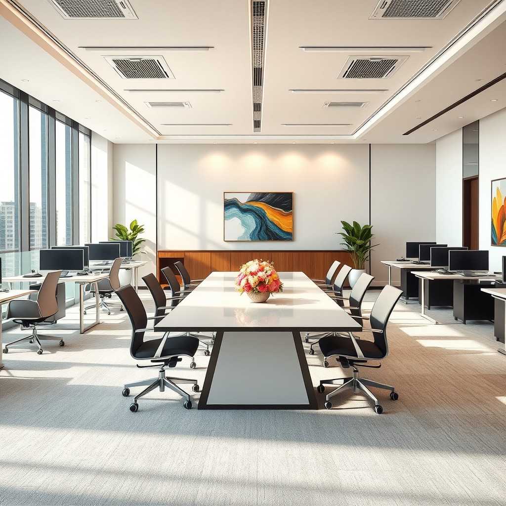 A stylish company office room designed in a cinematic style, featuring a modern and professional aesthetic