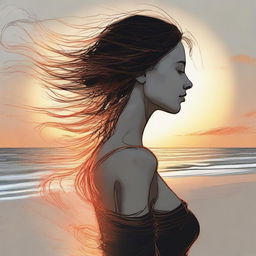 Construct a detailed drawing of a side-profile woman on a beach at sunset. Surround her with a visual effect of flaming air being swept by the wind.