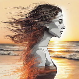 Construct a detailed drawing of a side-profile woman on a beach at sunset. Surround her with a visual effect of flaming air being swept by the wind.