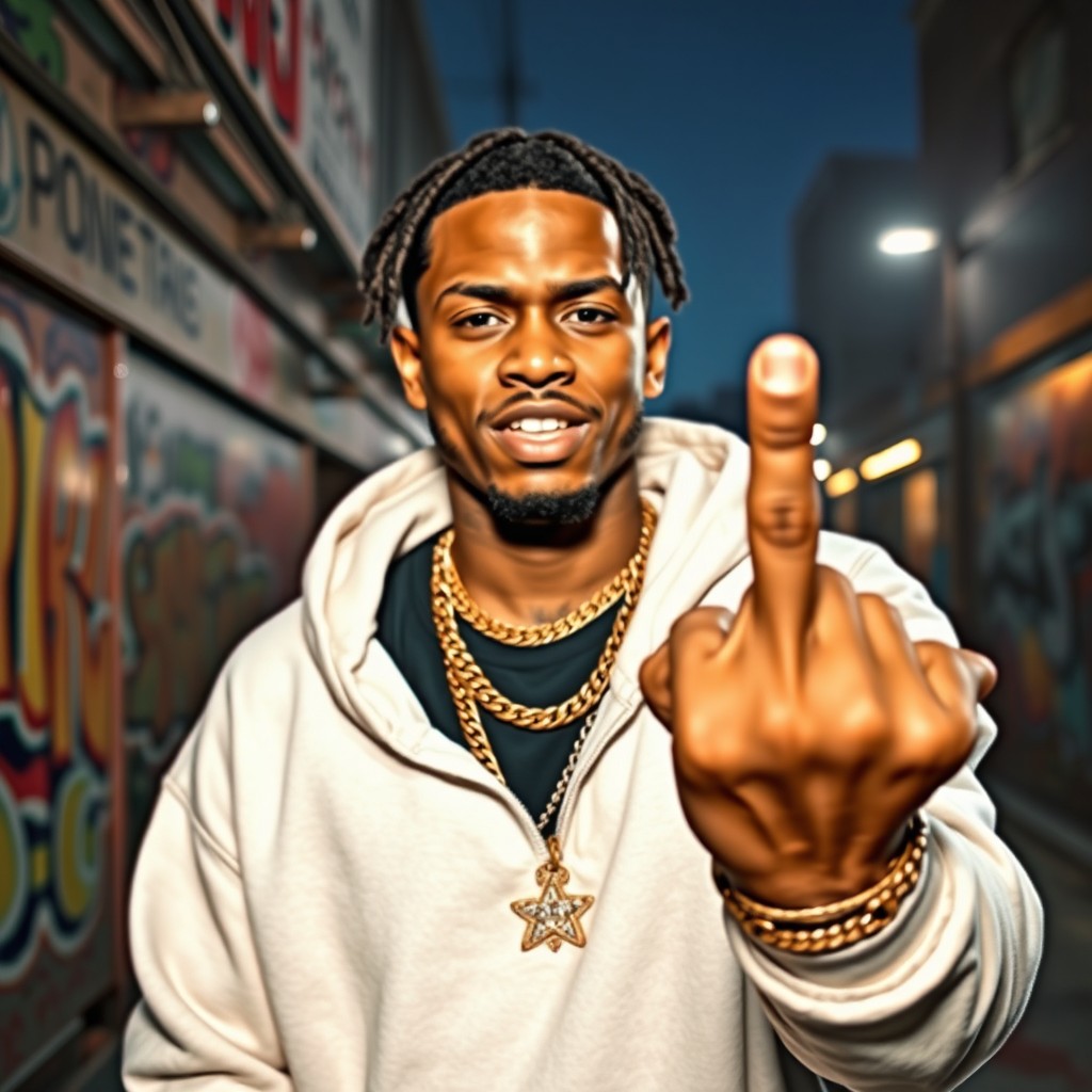 A gangsta rapper confidently showing his middle finger towards the camera, exuding an attitude of defiance