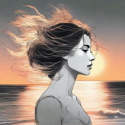 Construct a detailed drawing of a side-profile woman on a beach at sunset. Surround her with a visual effect of flaming air being swept by the wind.