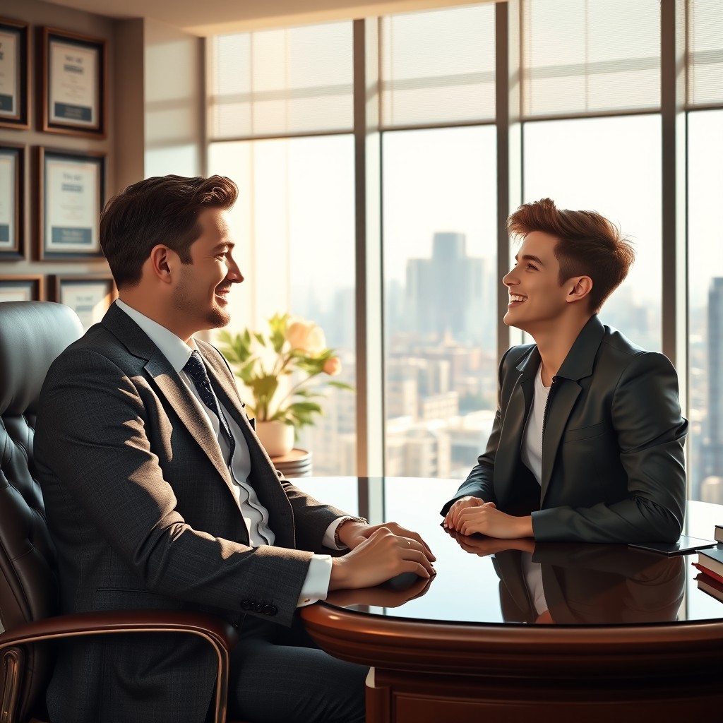 A heartwarming scene depicting a confident male CEO sitting at a luxurious office desk, looking at a cute young man with a bright smile