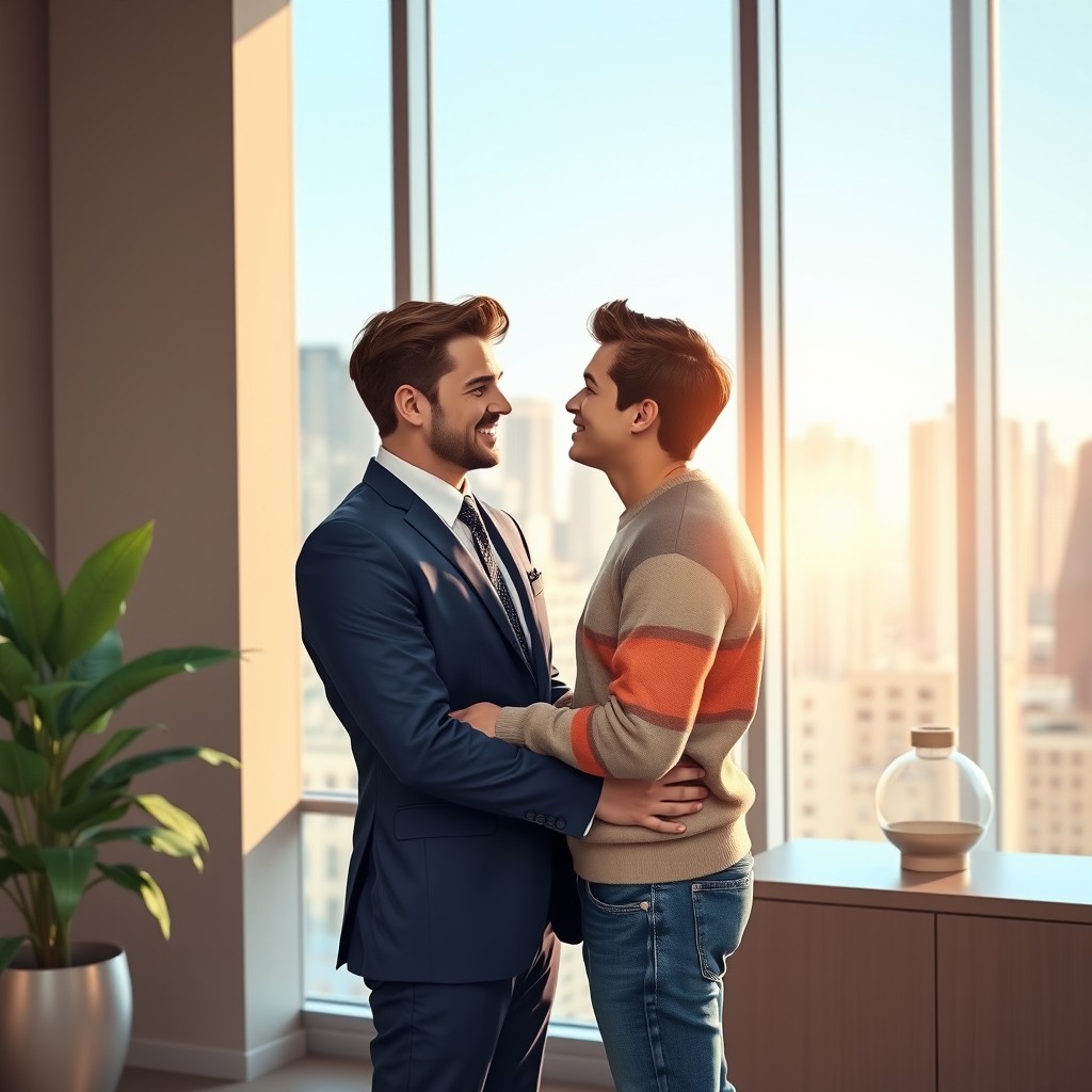 A romantic scene illustrating a handsome, confident male CEO in a sleek, modern office, gazing affectionately at a charming, cute young man