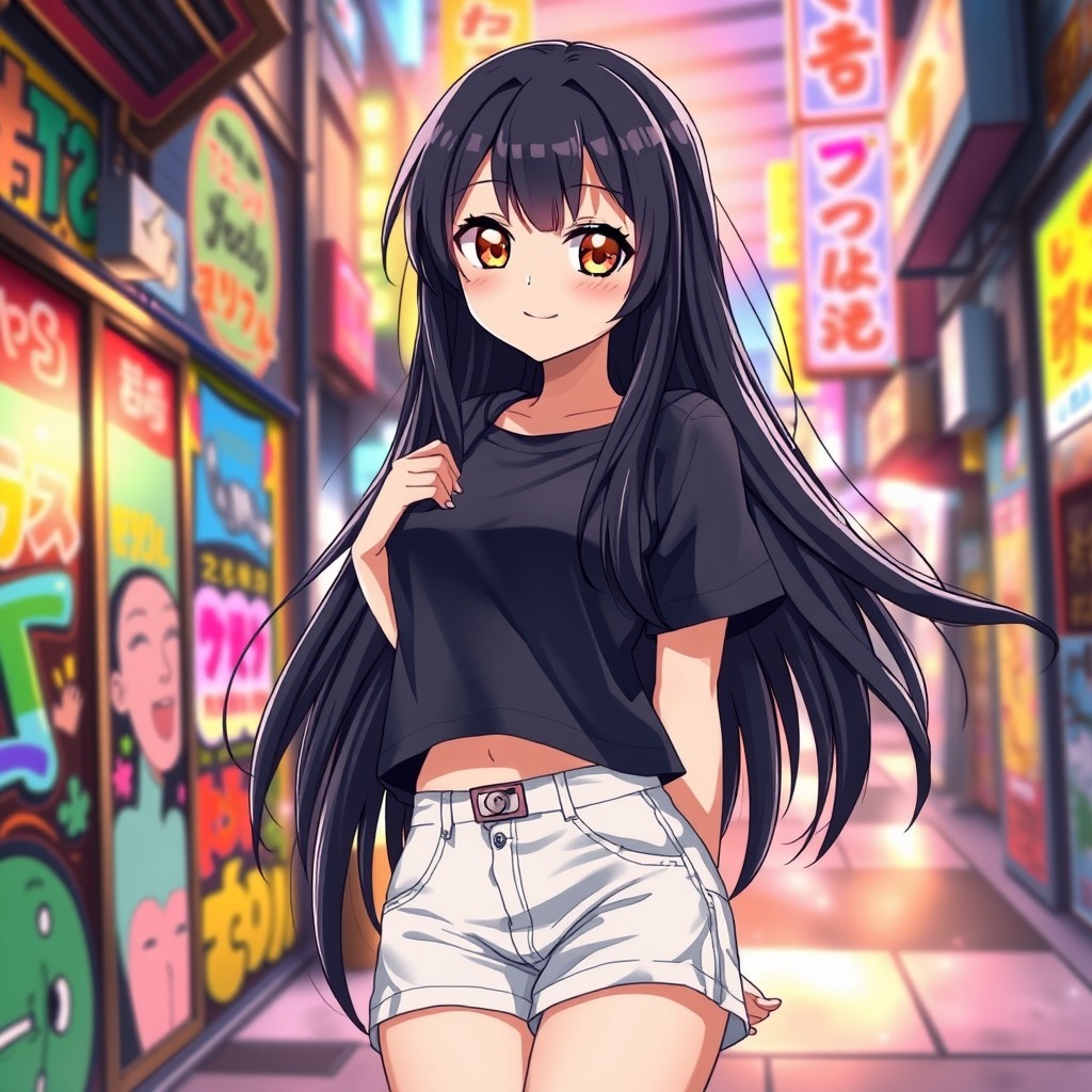 A stunning character illustration of Megumi Kato, a beautiful anime-style girl with long, luxurious black hair cascading down her shoulders, large expressive eyes with a hint of mischief, wearing a fashionable, casual outfit that highlights her figure