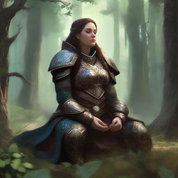 A moment of serene meditation captured with a dwarven female kineticist. Clad in her hefty armor, she is surrounded by the tangible pulsating energy of nature, floating mystically around her in her silence.