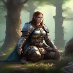 A moment of serene meditation captured with a dwarven female kineticist. Clad in her hefty armor, she is surrounded by the tangible pulsating energy of nature, floating mystically around her in her silence.