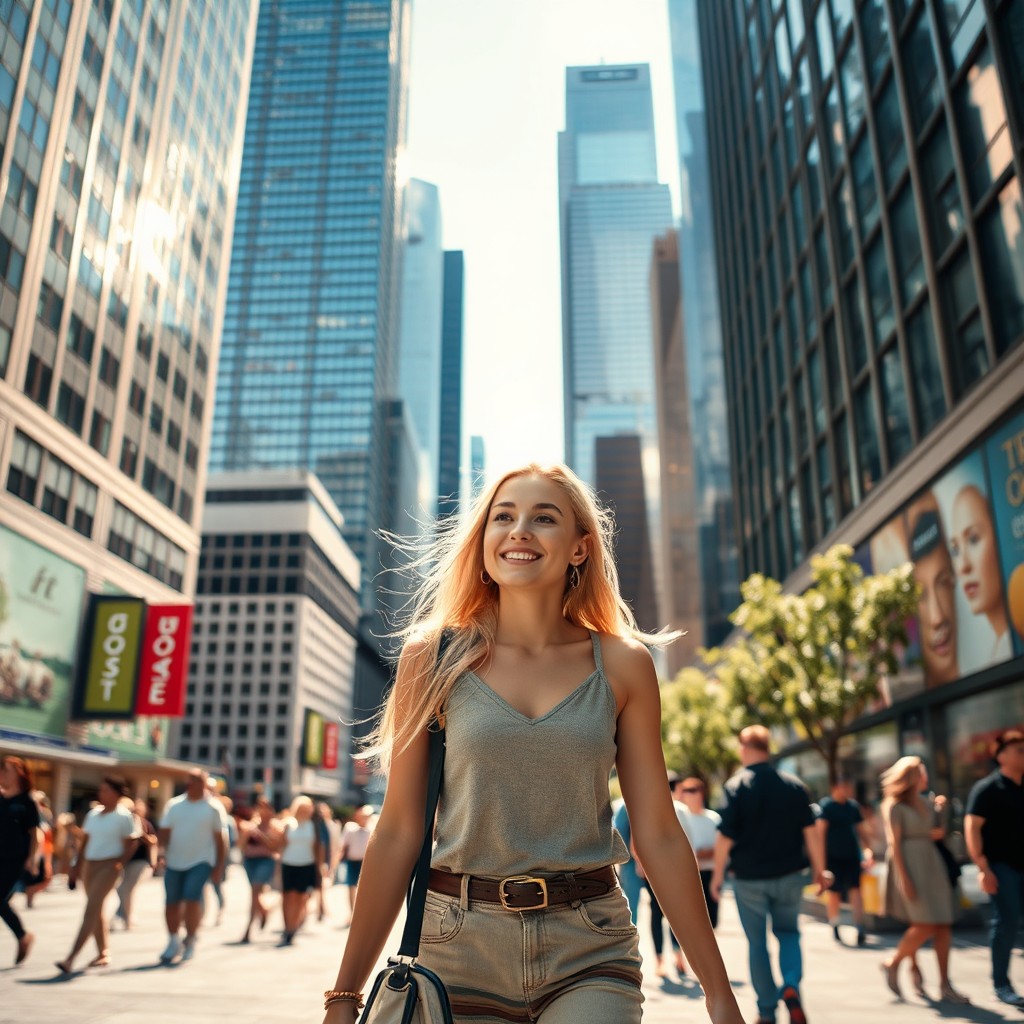 A stunning blonde girl walking through a bustling major city, surrounded by impressive skyscrapers and vibrant street life
