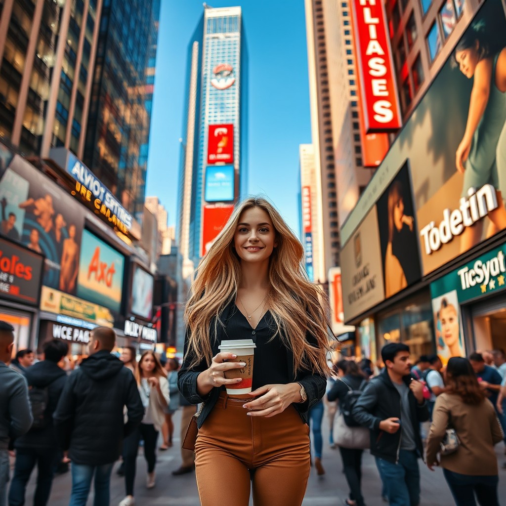 A blonde girl walking through a bustling major city street, surrounded by tall skyscrapers and bright neon signs