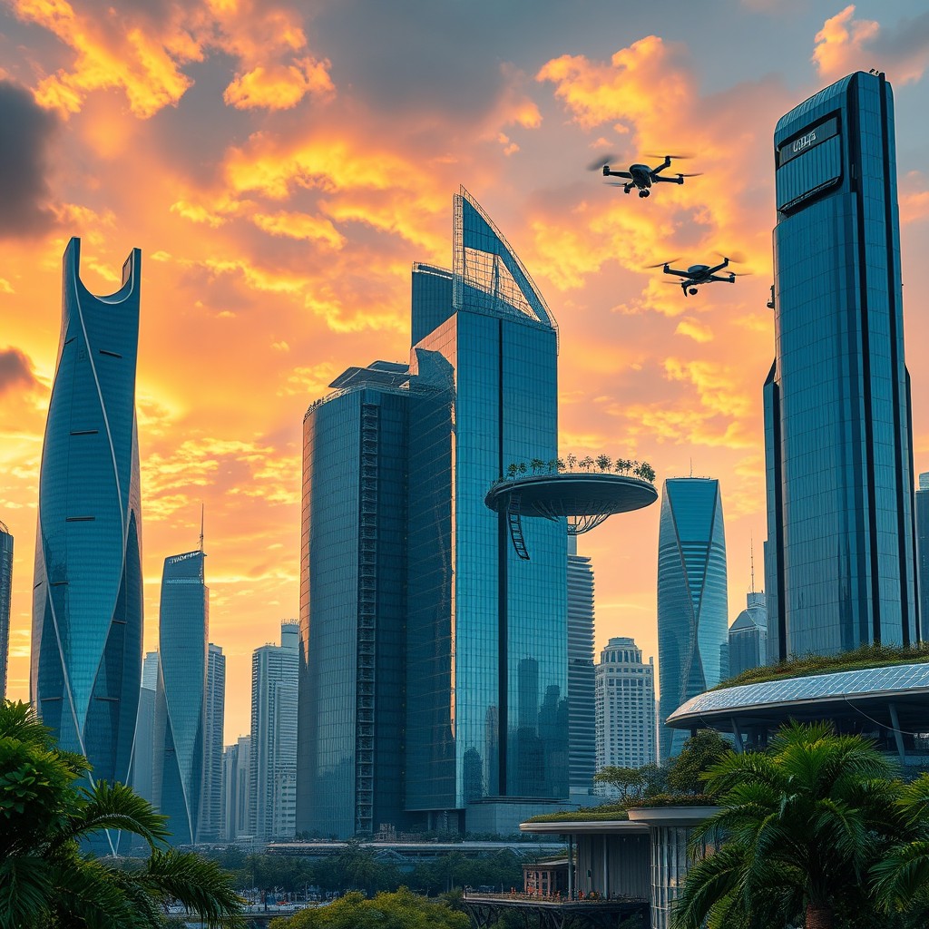 A stunning architectural marvel featuring a futuristic city skyline at dusk, with soaring skyscrapers made of glass and steel reflecting the colorful sunset