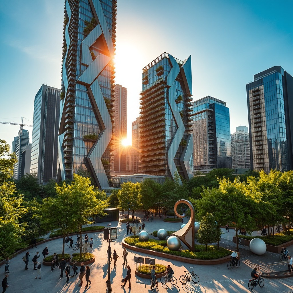 A stunning architectural scene featuring a futuristic skyscraper with sleek glass facades, surrounded by lush green parks and vibrant city life