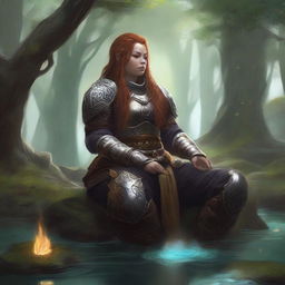 A moment of serene meditation captured with a dwarven female kineticist. Clad in her hefty armor, she is surrounded by the tangible pulsating energy of nature, floating mystically around her in her silence.