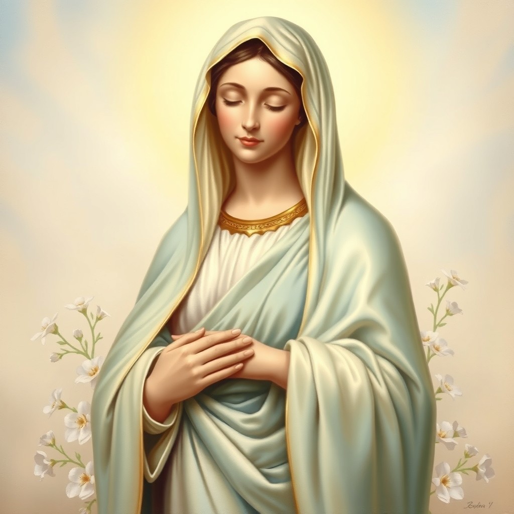 A serene and peaceful depiction of the Virgin Mary, portrayed with a gentle expression reflecting compassion and grace