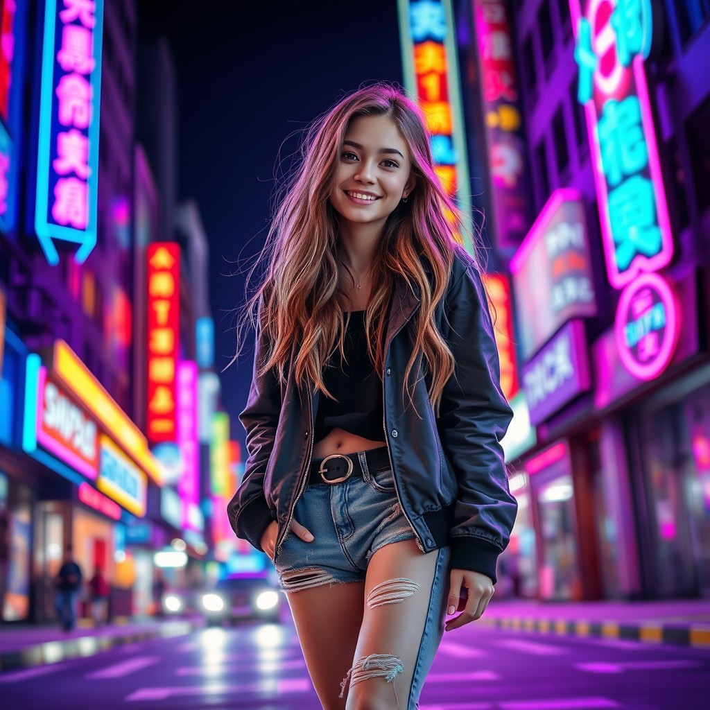A vibrant scene of a teenage girl standing in a neon-lit city at night