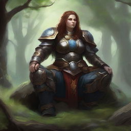 A moment of serene meditation captured with a dwarven female kineticist. Clad in her hefty armor, she is surrounded by the tangible pulsating energy of nature, floating mystically around her in her silence.