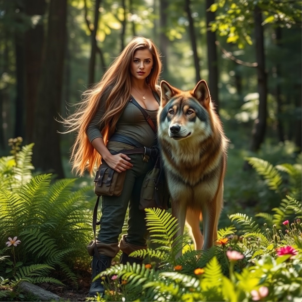A serene and captivating scene featuring a majestic wolf and its owner in a lush forest