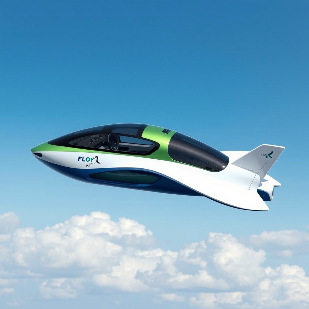 A futuristic flying car from the brand FLOY, designed with sleek curves and a color scheme of vibrant green, deep blue, and pristine white