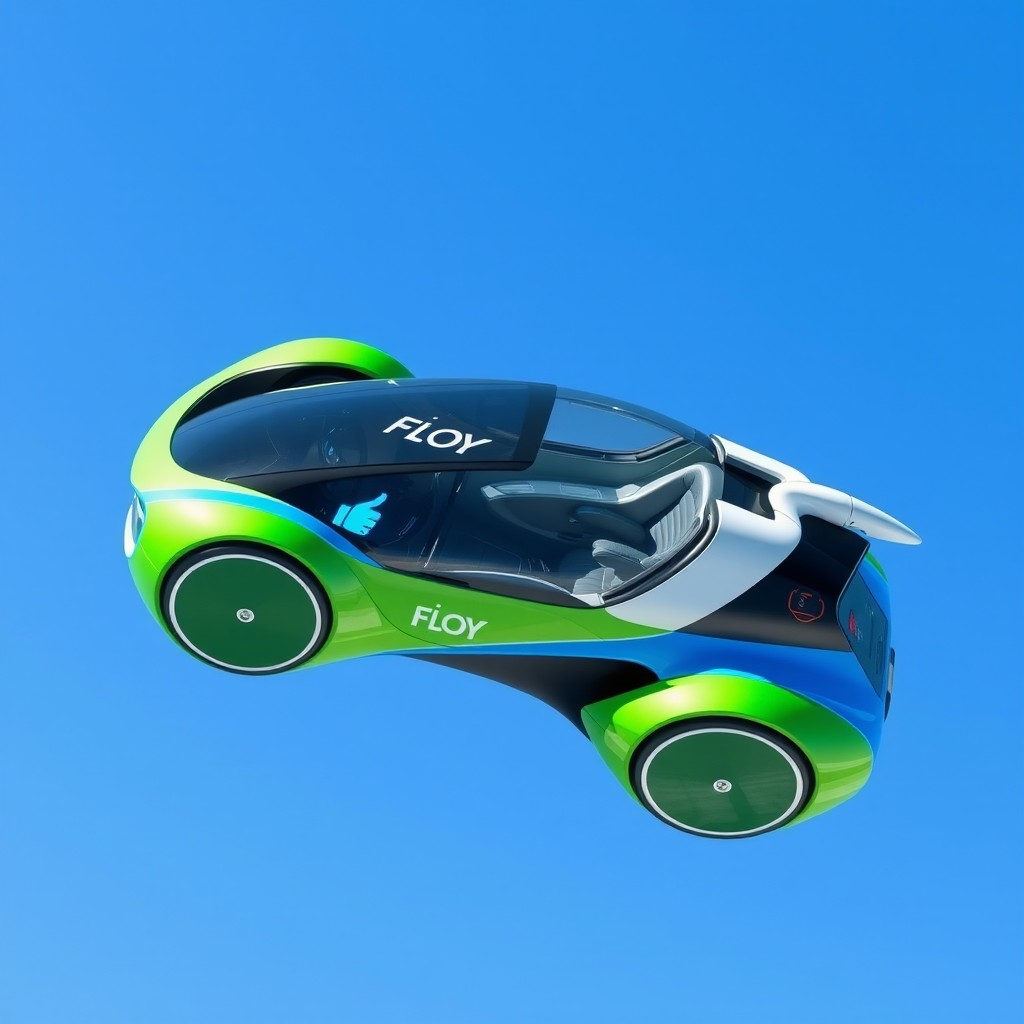 A futuristic flying car designed by the brand FLOY, showcasing vibrant green, blue, and white colors