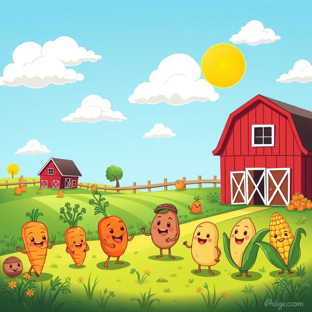 A whimsical, colorful farmyard scene filled with friendly, anthropomorphic food characters