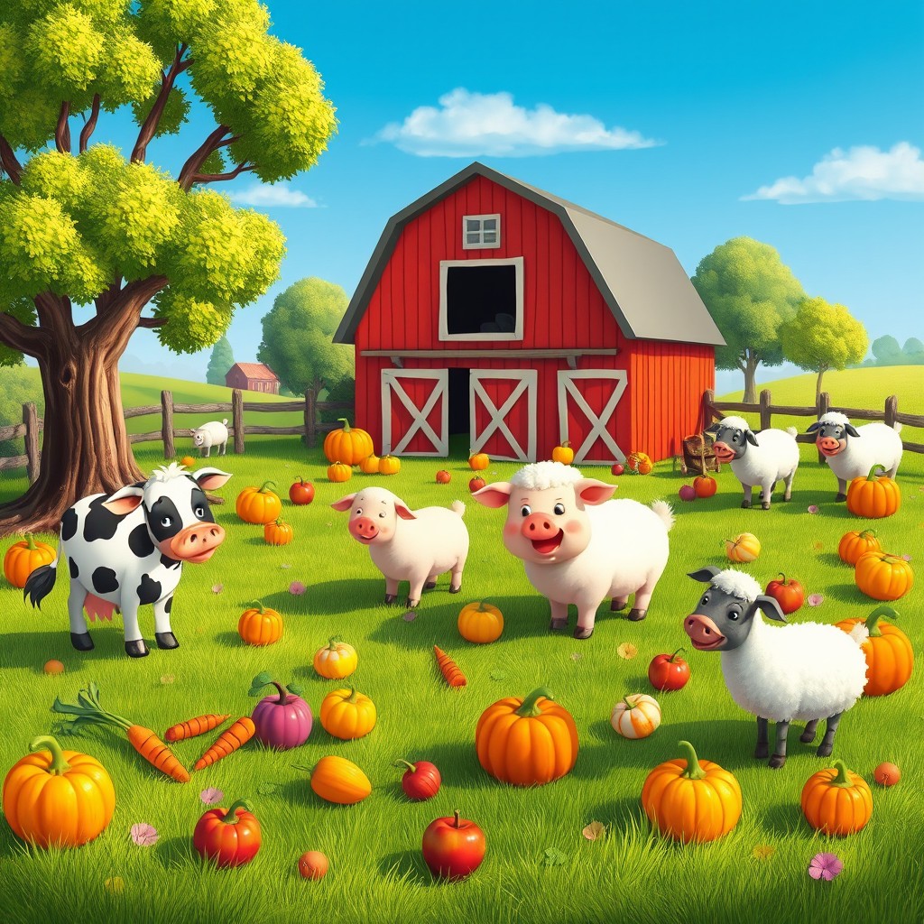 A whimsical farmyard scene filled with friendly and cheerful farm animals enjoying a variety of colorful, healthy foods