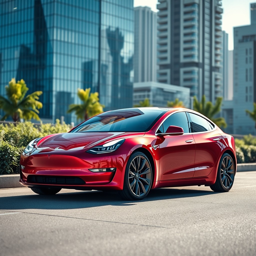 A sleek and modern Tesla car model parked in an urban environment, showcasing its innovative design and electric features