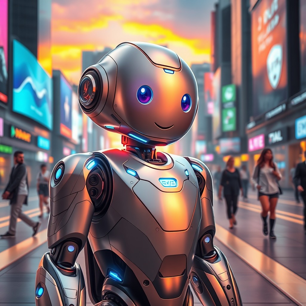 A futuristic robot with sleek metallic design, glowing blue accents, and articulated limbs, standing in a high-tech cityscape with neon lights and digital advertisements