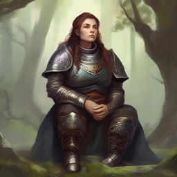 A dwarven female kineticist, uniformed in robust heavy armor, in tranquil meditation. The swirling energy of nature orbits around her, creating a picturesque representation of her oneness with the natural elements.