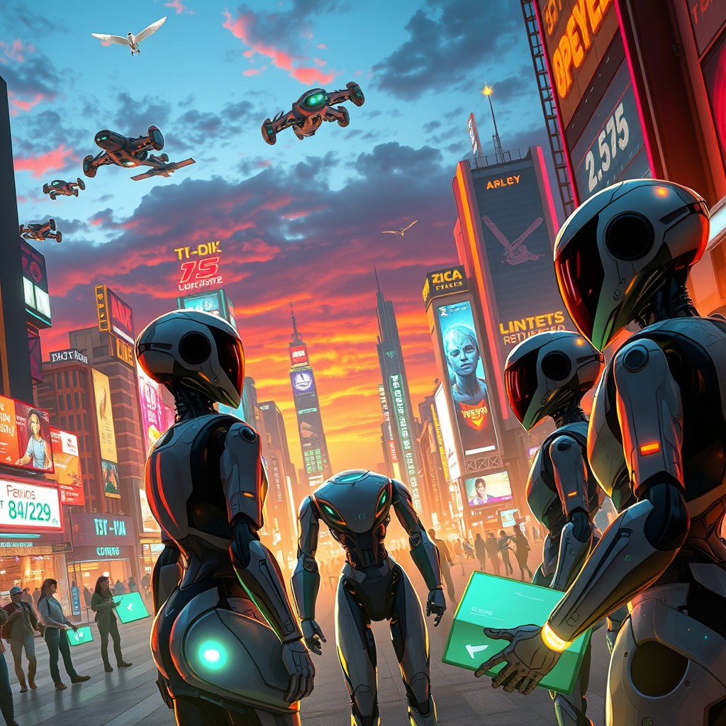A futuristic scene featuring sleek, humanoid robots in a vibrant cityscape