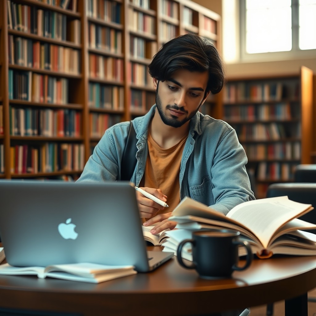 An Iranian student sitting at a library desk, studying intently with open books around them