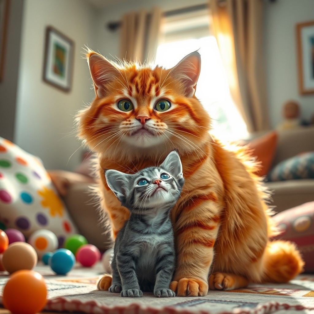 An orange chubby cat heroically saving a small kitten, showcasing a heartwarming scene of bravery