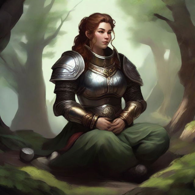 A dwarven female kineticist, uniformed in robust heavy armor, in tranquil meditation. The swirling energy of nature orbits around her, creating a picturesque representation of her oneness with the natural elements.