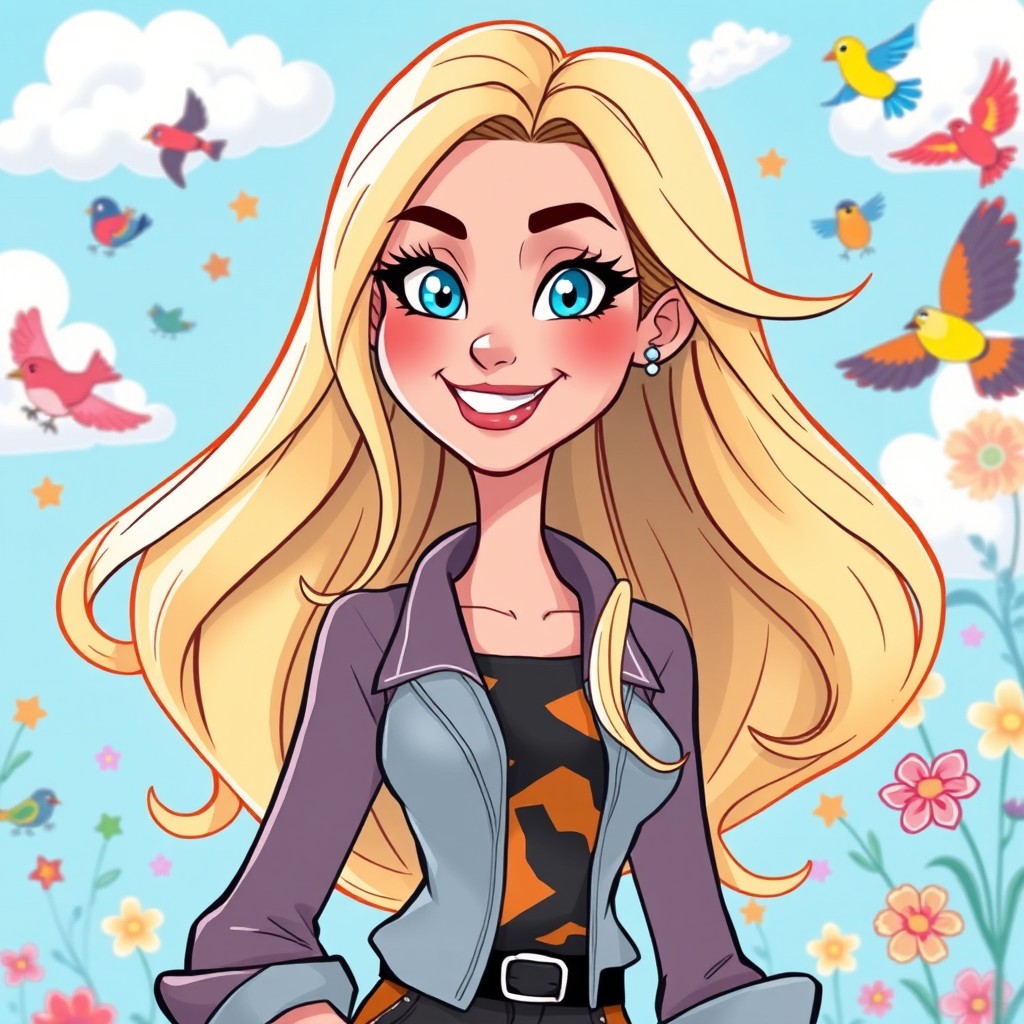 A vibrant cartoon illustration featuring a confident woman with long, flowing blonde hair