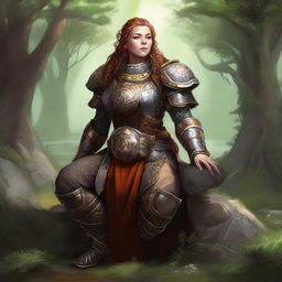 A dwarven female kineticist, uniformed in robust heavy armor, in tranquil meditation. The swirling energy of nature orbits around her, creating a picturesque representation of her oneness with the natural elements.