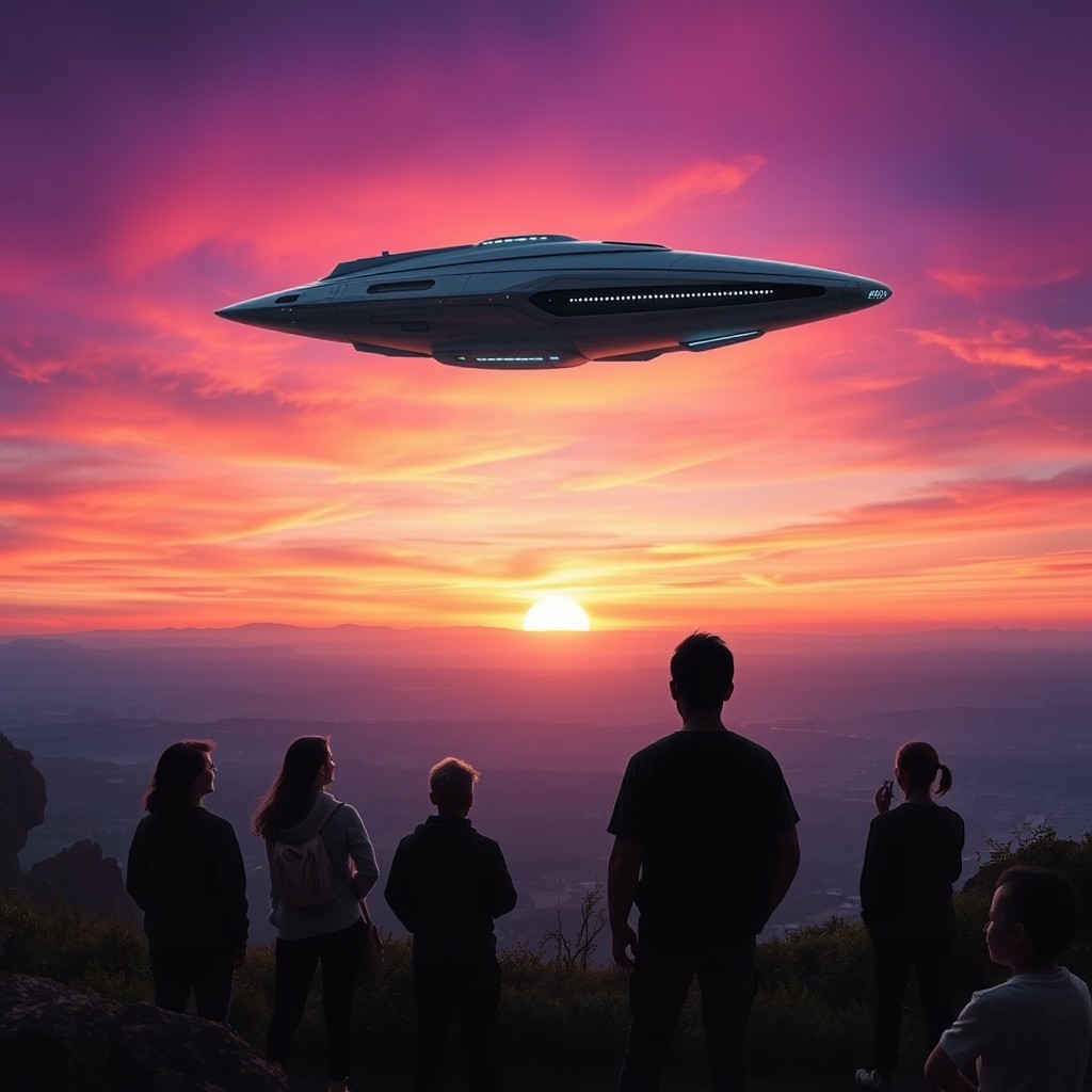 A cinematic movie poster depicting an alien spaceship elegantly landing against a stunning, sprawling landscape