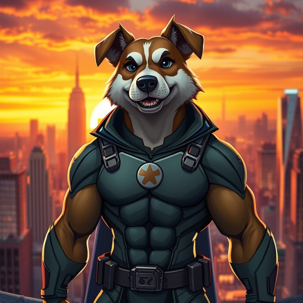 A character inspired by a dog-man hybrid, blending human and dog features