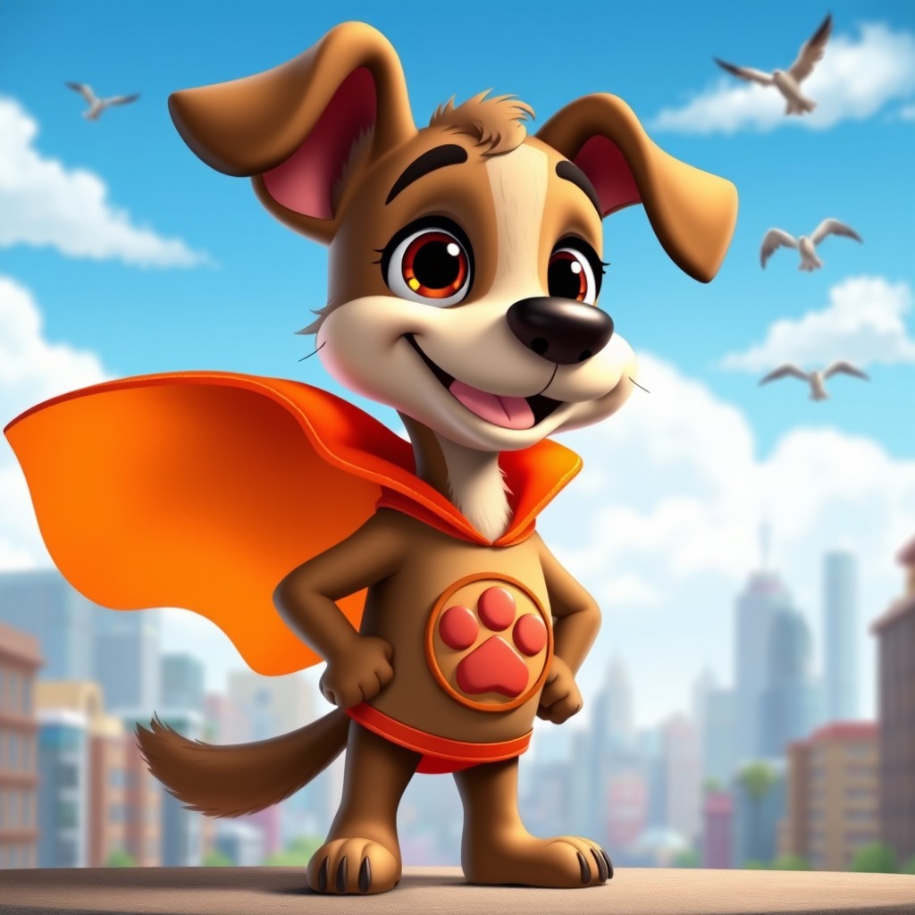 A whimsical cartoon character resembling a dog with anthropomorphic features, standing upright and wearing a superhero costume