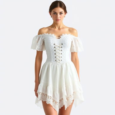 A woman wearing a short, off-shoulder lace dress in white