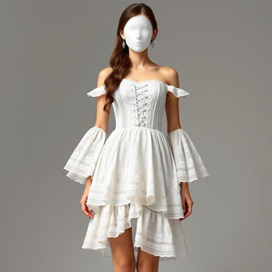 A short, off-shoulder lace dress in white, featuring a corset-style bodice with intricate lace-up detailing at the front, and delicate, ruffled sleeves