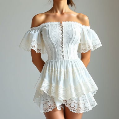 A woman wearing a short, off-shoulder lace dress in white