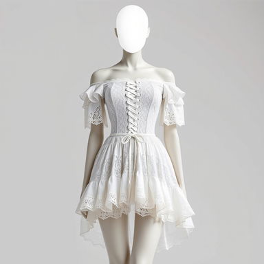 A short, off-shoulder lace dress in white, featuring a corset-style bodice with intricate lace-up detailing at the front, and delicate, ruffled sleeves