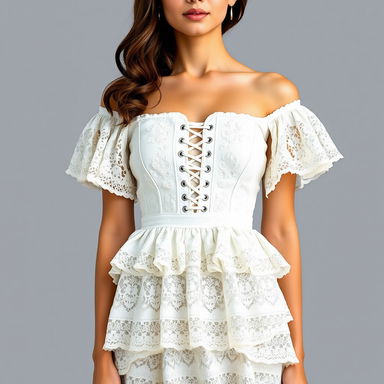 A woman wearing a short, off-shoulder lace dress in white