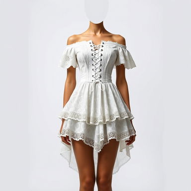 A short, off-shoulder lace dress in white, featuring a corset-style bodice with intricate lace-up detailing at the front, and delicate, ruffled sleeves