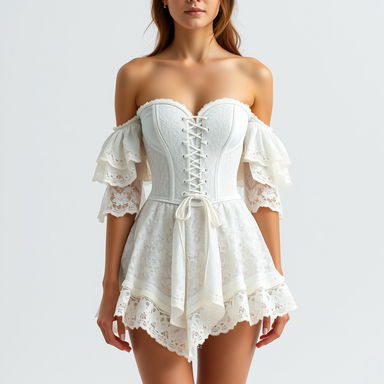 A woman wearing a short, off-shoulder lace dress in white