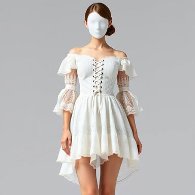 A short, off-shoulder lace dress in white, featuring a corset-style bodice with intricate lace-up detailing at the front, and delicate, ruffled sleeves