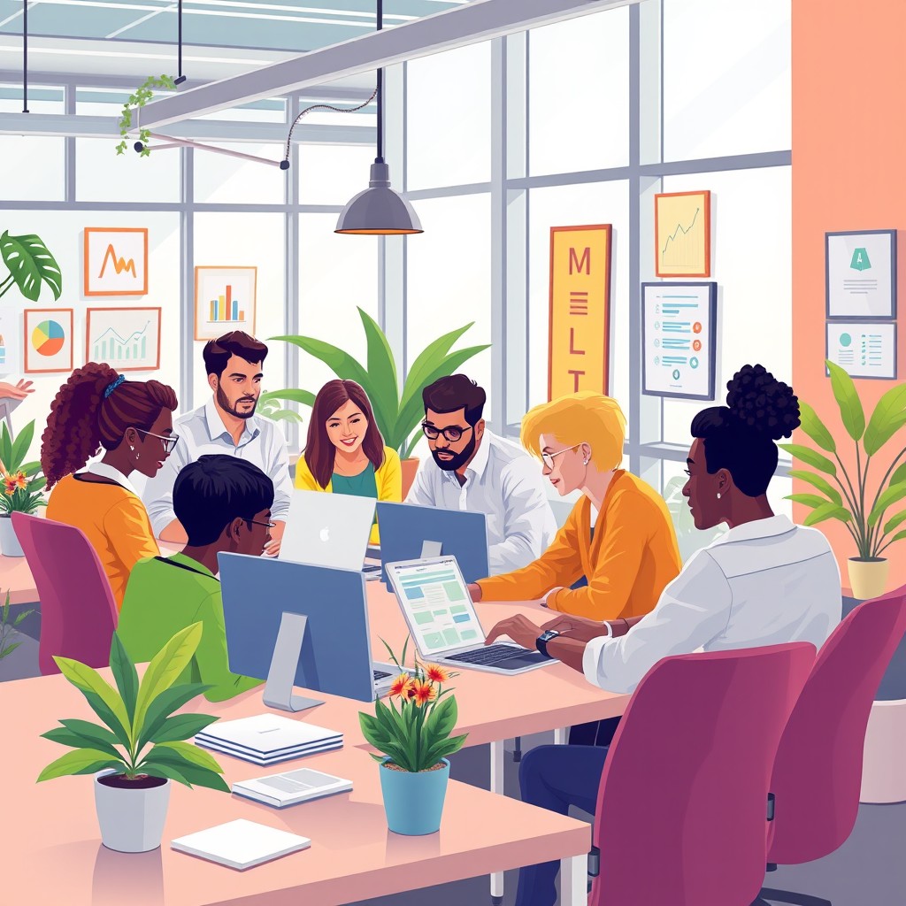 A vibrant and dynamic illustration of a B2B (business-to-business) environment, featuring a modern office setting where diverse professionals engage in discussions around technology and innovation
