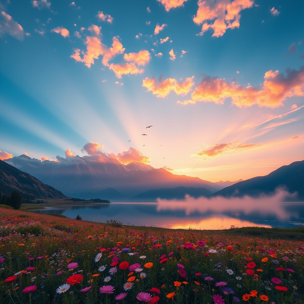 A stunning landscape scene depicting a serene mountain range at sunrise, with vivid colors of pink and orange illuminating the clouds
