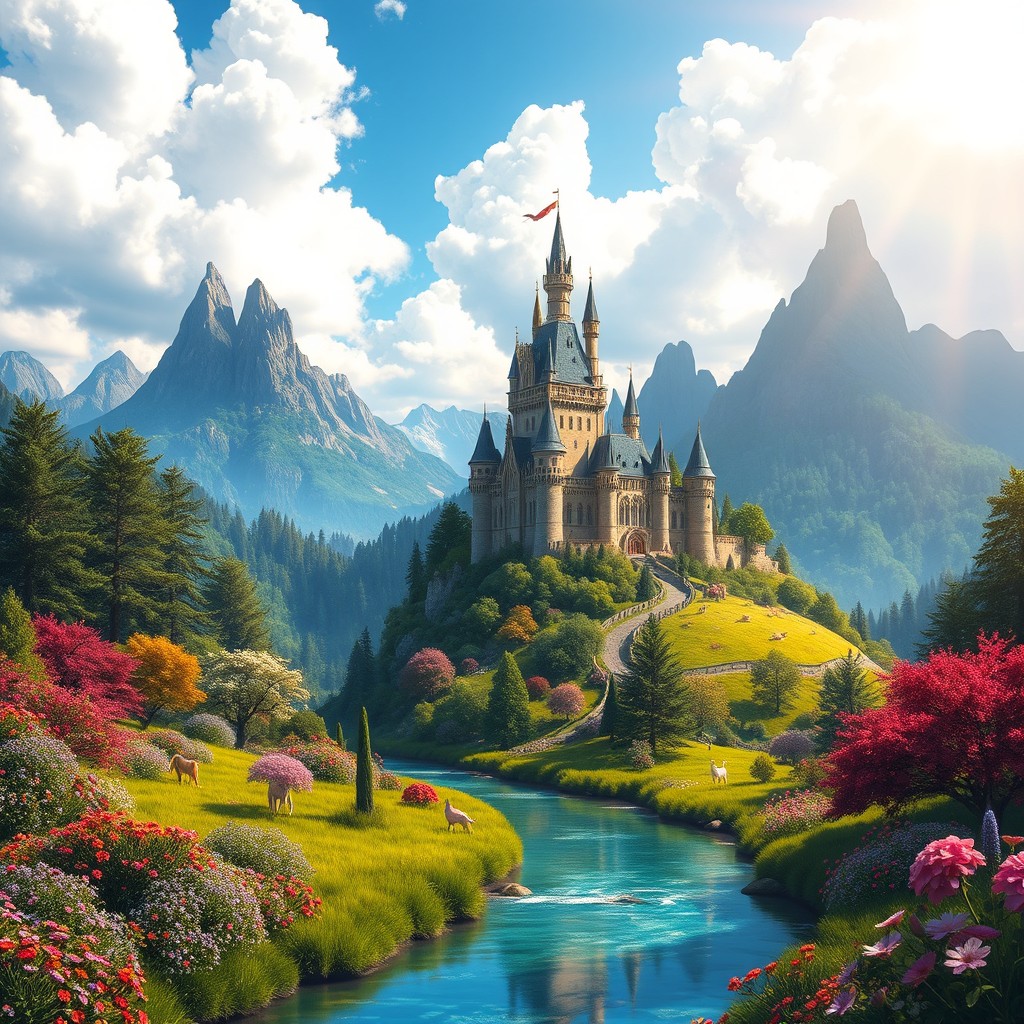 A vibrant fantasy landscape featuring a majestic castle on a hill, surrounded by lush green forests and colorful flowers