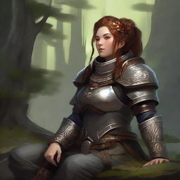 A dwarven female kineticist, uniformed in robust heavy armor, in tranquil meditation. The swirling energy of nature orbits around her, creating a picturesque representation of her oneness with the natural elements.