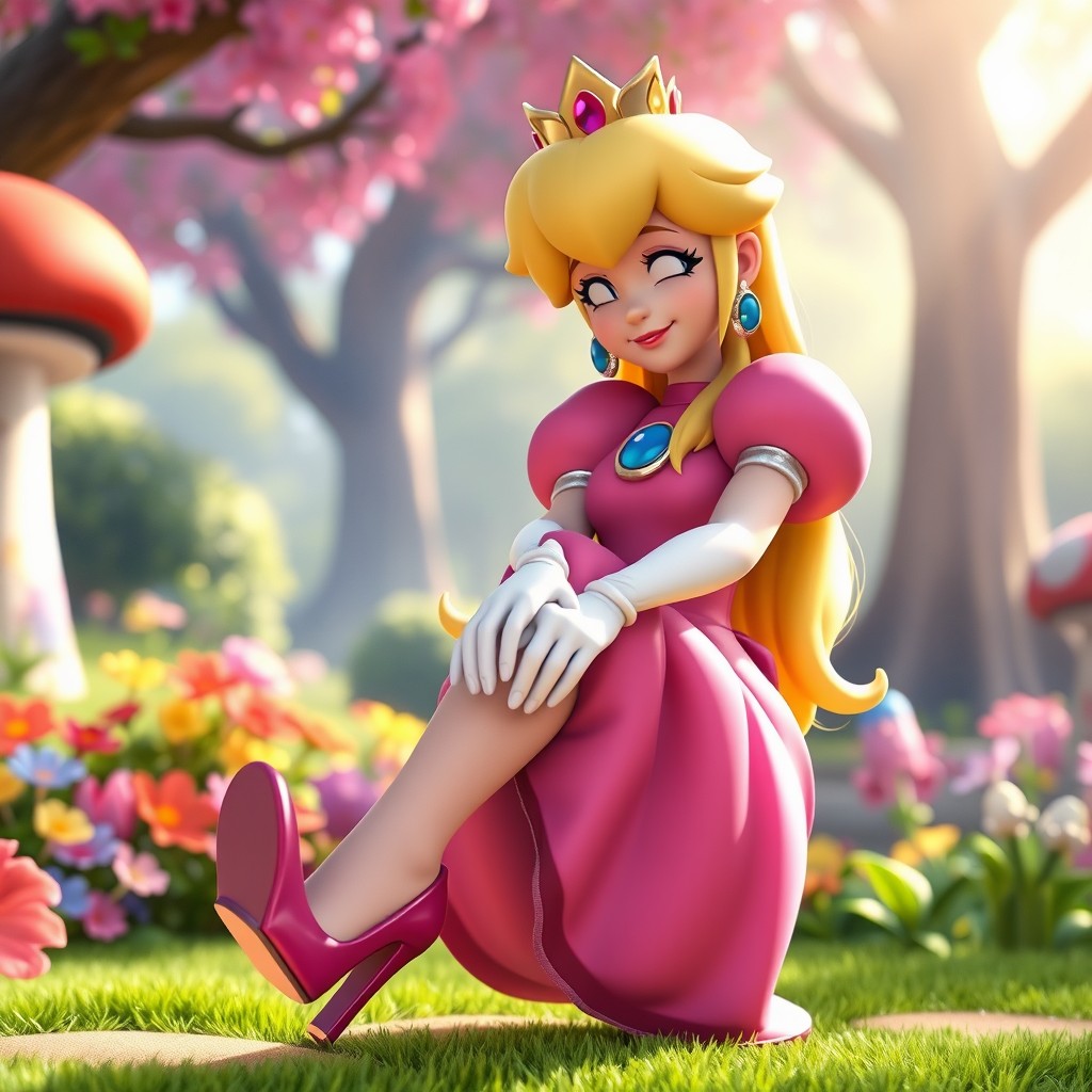 Princess Peach from the 2023 Mario movie, depicted in a lively setting, gracefully taking off her high heels